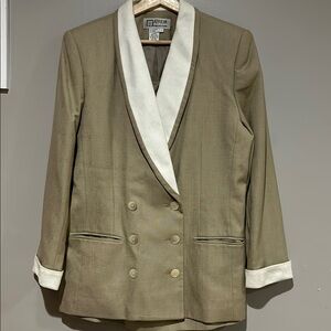 Atrium Tan and Ivory suit; Blazer with w/white  Trim and matching tan skirt.